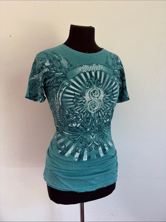 Sinful Tops - Sinful Women's Teal Graphic Short-Sleeve Tee